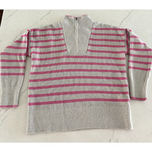 Lands End Drifter Quarter Zip Sweater Womens Sz M (10-12) Pink Gray Stripe EUC